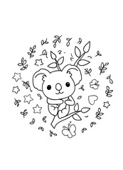 Coloring pages, black and white cute kawaii hand drawn koala doodles, circle print