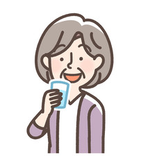 水を飲む女性　おばあさん