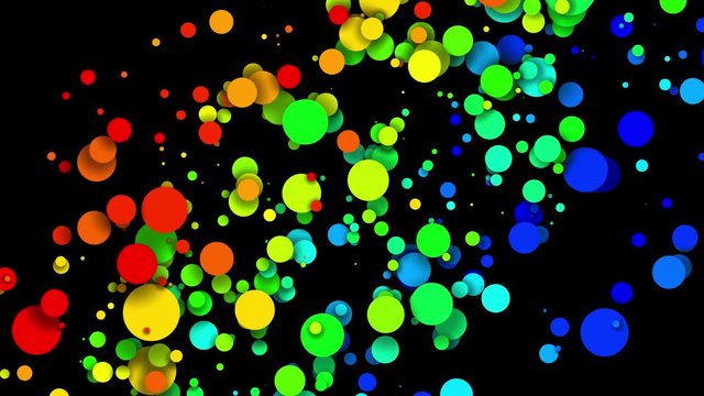 Circles decrease and increase in waves. 4k looped seamless abstract background. Gradient rainbow color on particles like paint bubbles or dye droplets in water in flat style. Luma matte 13