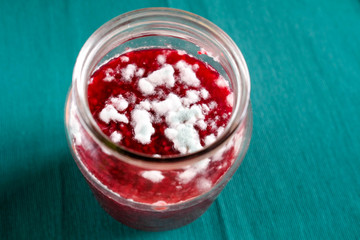 Fungi grow on jam. Spoiled product in a glass jar. View from above