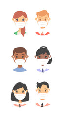 Set of male and female characters. Cartoon style masked people icons. Isolated guys avatars. Flat illustration protected men and women faces. Hand drawn vector drawing safe girls and boys portraits