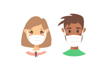 Set of male and female characters. Cartoon style masked people icons. Isolated guys avatars. Flat illustration protected men and women faces. Hand drawn vector drawing safe girls and boys portraits