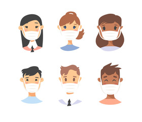 Set of male and female characters. Cartoon style masked people icons. Isolated guys avatars. Flat illustration protected men and women faces. Hand drawn vector drawing safe girls and boys portraits