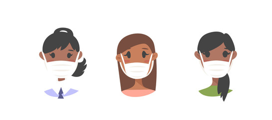 Set of male and female characters. Cartoon style masked people icons. Isolated guys avatars. Flat illustration protected men and women faces. Hand drawn vector drawing safe girls and boys portraits