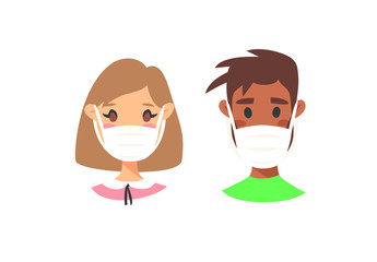 Set of male and female characters. Cartoon style masked people icons. Isolated guys avatars. Flat illustration protected men and women faces. Hand drawn vector drawing safe girls and boys portraits