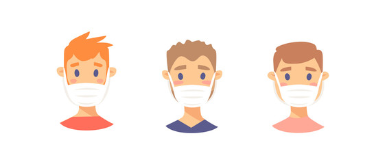 Set of male and female characters. Cartoon style masked people icons. Isolated guys avatars. Flat illustration protected men and women faces. Hand drawn vector drawing safe girls and boys portraits