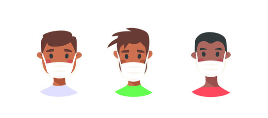 Set of male and female characters. Cartoon style masked people icons. Isolated guys avatars. Flat illustration protected men and women faces. Hand drawn vector drawing safe girls and boys portraits
