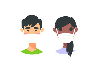 Set of male and female characters. Cartoon style masked people icons. Isolated guys avatars. Flat illustration protected men and women faces. Hand drawn vector drawing safe girls and boys portraits