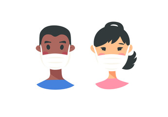 Set of male and female characters. Cartoon style masked people icons. Isolated guys avatars. Flat illustration protected men and women faces. Hand drawn vector drawing safe girls and boys portraits