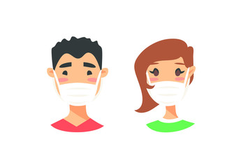 Set of male and female characters. Cartoon style masked people icons. Isolated guys avatars. Flat illustration protected men and women faces. Hand drawn vector drawing safe girls and boys portraits