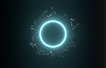 3D Rendering of water splash from top view isolated with led glowing blue color at center on dark background