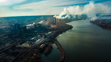 metallurgical production plant full cycle smoke from pipes bad ecology aerial photography