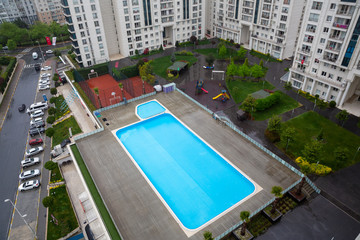 Top view modern residential buildings with outdoor facilities