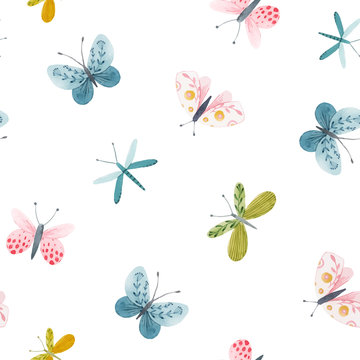 Beautiful vector seamless pattern with watercolor hand drawn cute butterflies. Stock illustration.