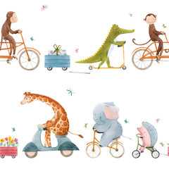 Prachtige vector naadloze patroon voor kinderen met aquarel hand getekende schattige dieren op vervoer. Voorraad illustratie.