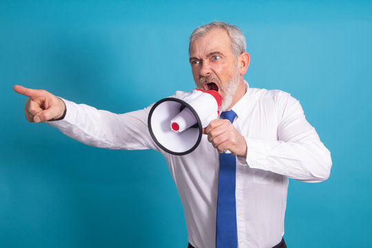 Isolated Adult Business Man Screaming With Megaphone