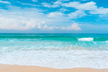 Beautiful tropical beach with blue sky and white clouds abstract texture background. Copy space of summer vacation and holiday business travel concept.