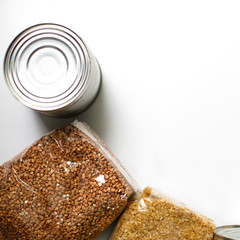 Food supplies crisis food stock for quarantine isolation period on white background.