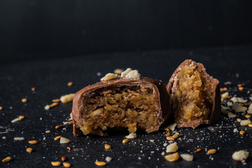 Homemade belgian chocolate. Close-up chocolate.  Religious Holiday, The Sugar Feast After Ramadan. Blurred background. Copy space for text message.