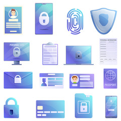 Personal information icons set. Cartoon set of personal information vector icons for web design
