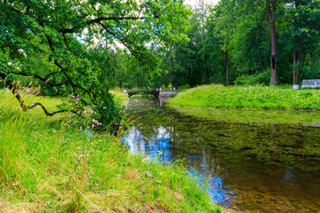 Bridge across a small river in Catherine park in Pushkin (Tsarskoye Selo), Russia