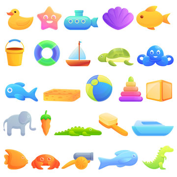 Bath toys icons set. Cartoon set of bath toys vector icons for web design