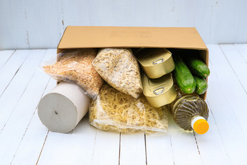 Products in a box for the needy on a white background. Coronavirus donation of food. Food delivery.