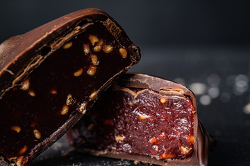 Homemade belgian chocolate. Close-up chocolate.  Religious Holiday, The Sugar Feast After Ramadan. Blurred background. Copy space for text message.