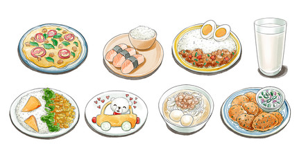 Obraz na płótnie Canvas Illustration of a food set that is painted in watercolor and gives a beautiful, smooth, appetizing appearance,illustration
