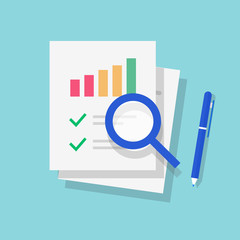 Audit report or research of sales financial data vector flat cartoon icon, tax analyze on paper sheet documents with check marks or fraud analysis, digital investigation results modern image cut out