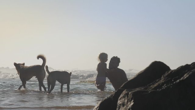 girl runs up to beloved daddy and man takes daughter in arms sitting in ocean near playing dogs slow motion. Concept fatherhood tropical rest