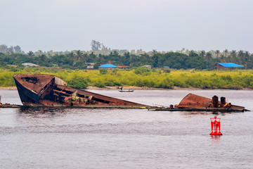 sinking vessel near to the land in South America