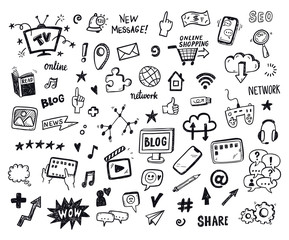 Social Media, digital marketing, internet network icons set. Vector hand drawn isolated objects. Doodle and sketch style . - 347388333