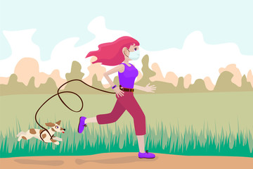Young woman in medical mask is running in the park with her dog. Vector illustration, cartoon character.