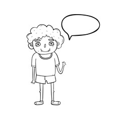 A cartoon boy with curly hair and a funny face waves his hand. Boy with a speech bubble.