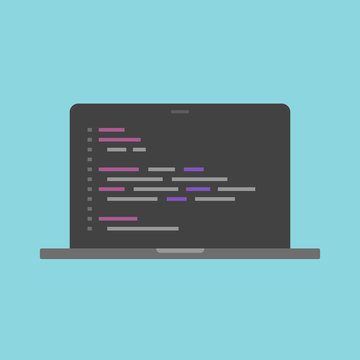 Programming code on laptop computer screen or php script coding on pc display icon vector symbol isolated, illustrated html or css editing or software development image