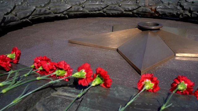 Quenchless Flame, red carnations and a bronze five-pointed star. War memorial to soldiers and heroes who fought for their homeland and died in World War II