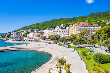 Croatia, town of Opatija, popular tourist resort, Slatina beach, aerial panoramic view