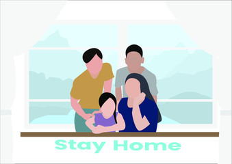 Stay home banner template. Family sitting home. Quarantine or self-isolation. Health care concept. Fears of getting coronavirus. Global viral epidemic or pandemic. Trendy flat vector illustration