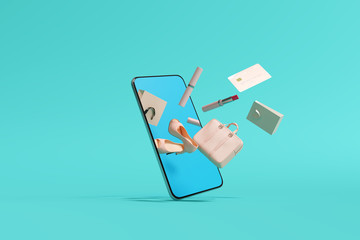 Online shopping concept on smartphone on blue background. 3d rendering - obrazy, fototapety, plakaty