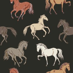 Galloping, trotting and walking horses of different colors on a light beige, cream background. Seamless vector patten with running animals. Square repeating template for fabric and wallpaper