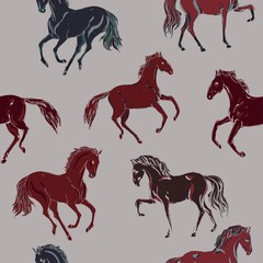Galloping, trotting and walking horses of different colors on a light beige, cream background. Seamless vector patten with running animals. Square repeating template for fabric and wallpaper