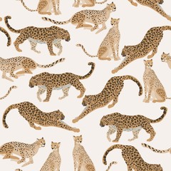Seamless vector pattern with different big spotted cats - jaguars and leopards, on white, light cream background. Square template with predators for fabric and wallpaper