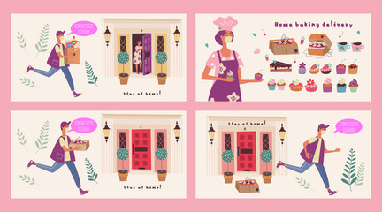 Home bakery. Contactless delivery. Vector illustration.
