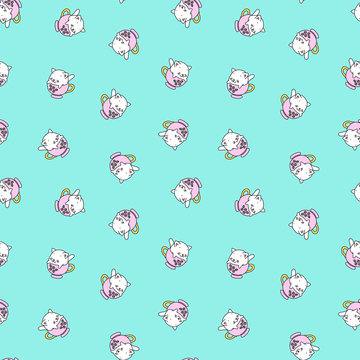 Cute kitten pattern. Illustration of cute white kittens sitting in pink tea cups decoraded with roses on a mint background. Vector 8 EPS.