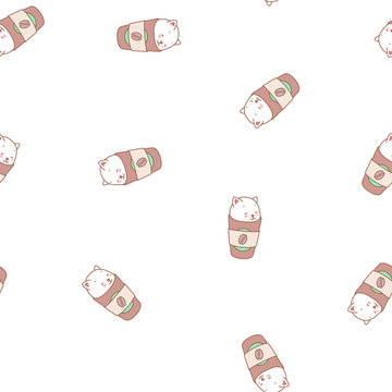 Cute kitten pattern. Illustration of cute white kittens sitting in paper coffee cups. Vector 8 EPS.