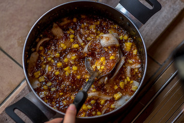 Blurred abstract background of using a phone to photograph sweets, to promote the products in the restaurant