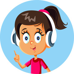 Cheerful Cartoon Girl Wearing Headphones Pointing Finger