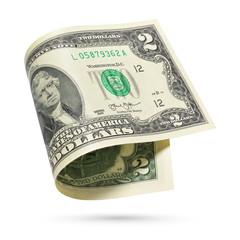 Two dollars bill isolated on a white background.