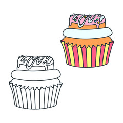Cupcake with a donut. Doodle illustrations (colored and black-n-white) of a cupcake decorated with a donut. Objects isolated on white. Vector 8 EPS.